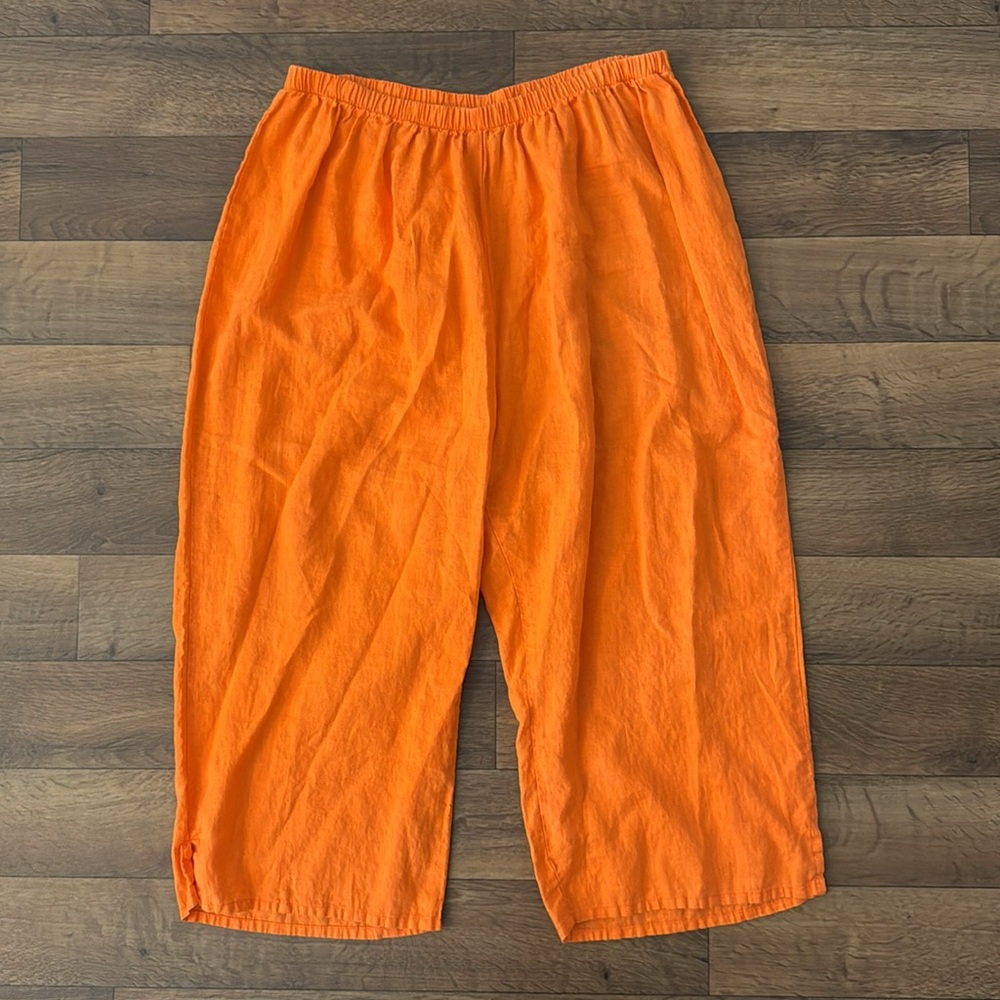 Flax Size 1G / US 18-20 Pumpkin Orange 100% Linen Cropped Pants Breathable Capri